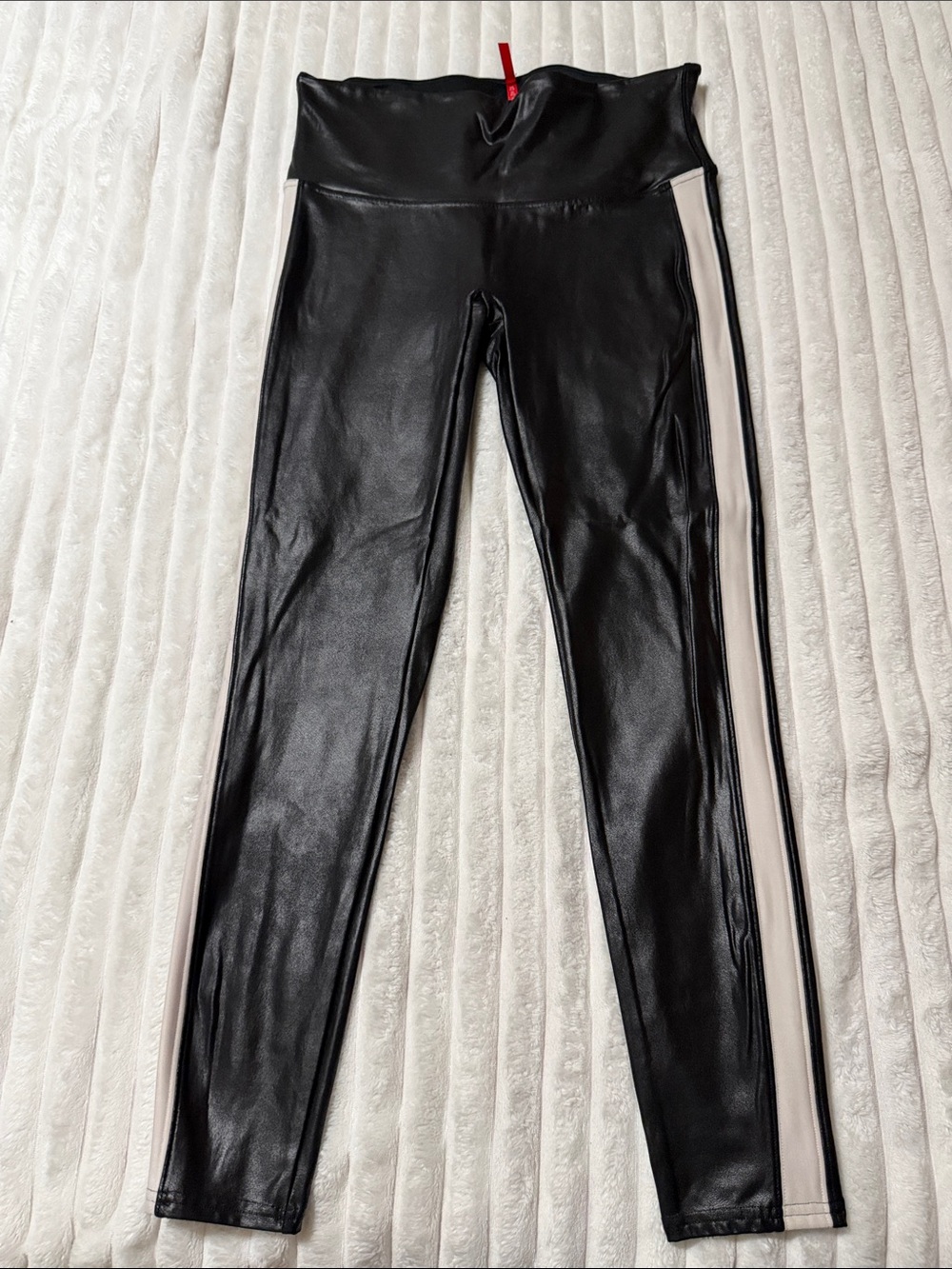 SPANX Black Faux Leather with White Stripe Legging | Size XL